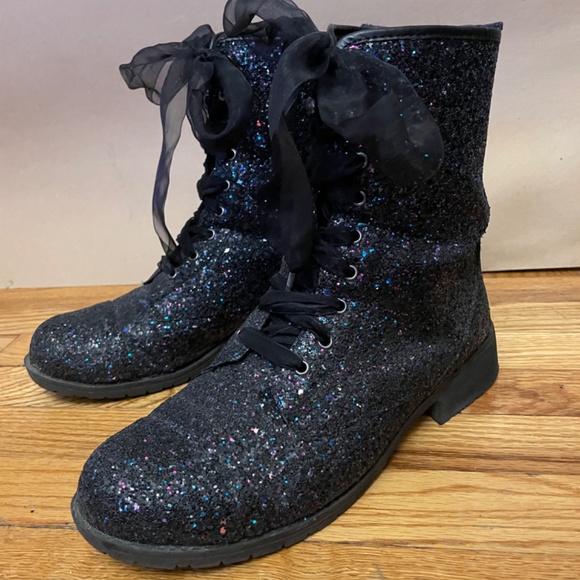 Black & Purple Glitter Combat Boots - Picture 2 of 8